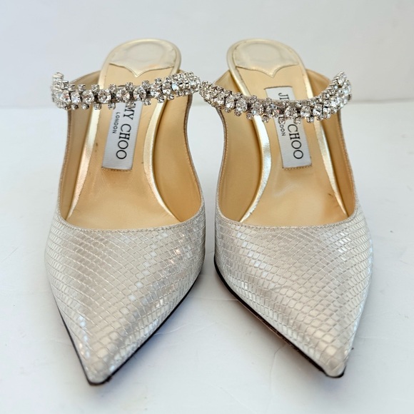 Jimmy Choo Gold Champagne Bing 100 Glitter Fabric Mules w/ Crystal Strap EU 37.5 - Picture 5 of 10